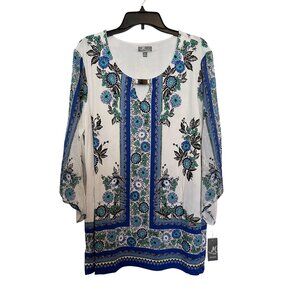 JM Collection Womens Keyhole 3/4 Sleeve Graphic Top 2X Blue/Green Herb Garden